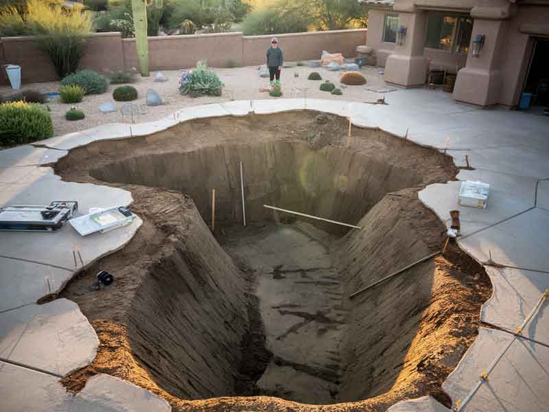 A pool is being filled in and is surrounded by construction materials. A person stands nearby.