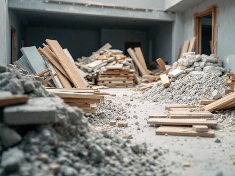 Construction debris, including piles of wooden planks and concrete rubble, scattered inside an unfinished building.
