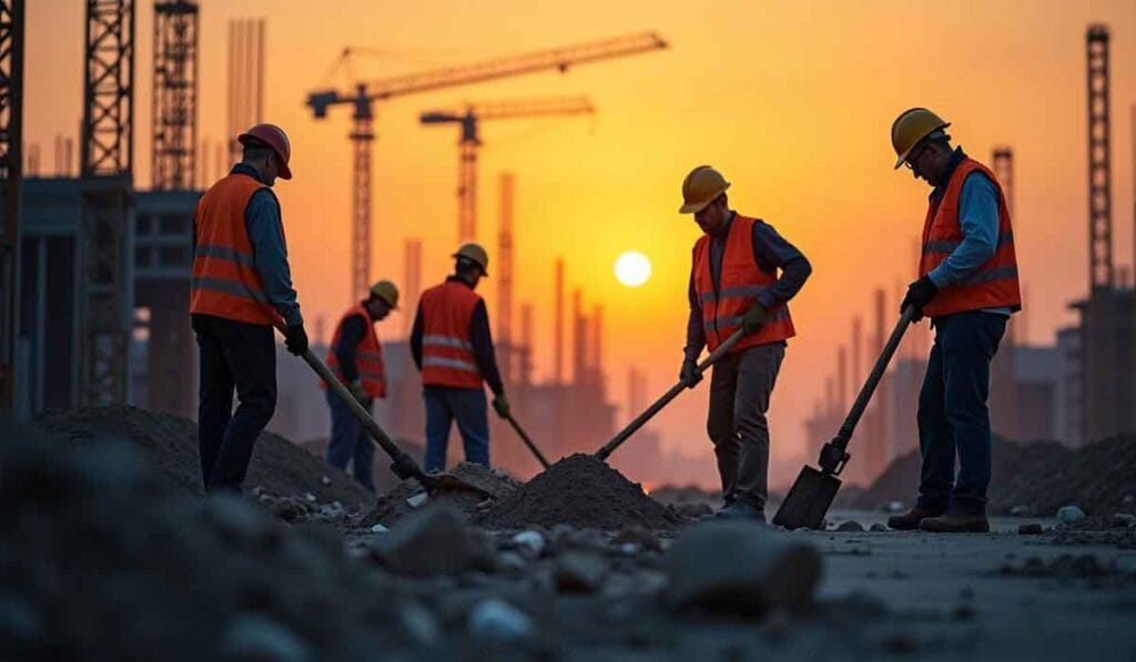 Construction workers with shovels on a site at sunset, wearing orange vests and yellow helmets.