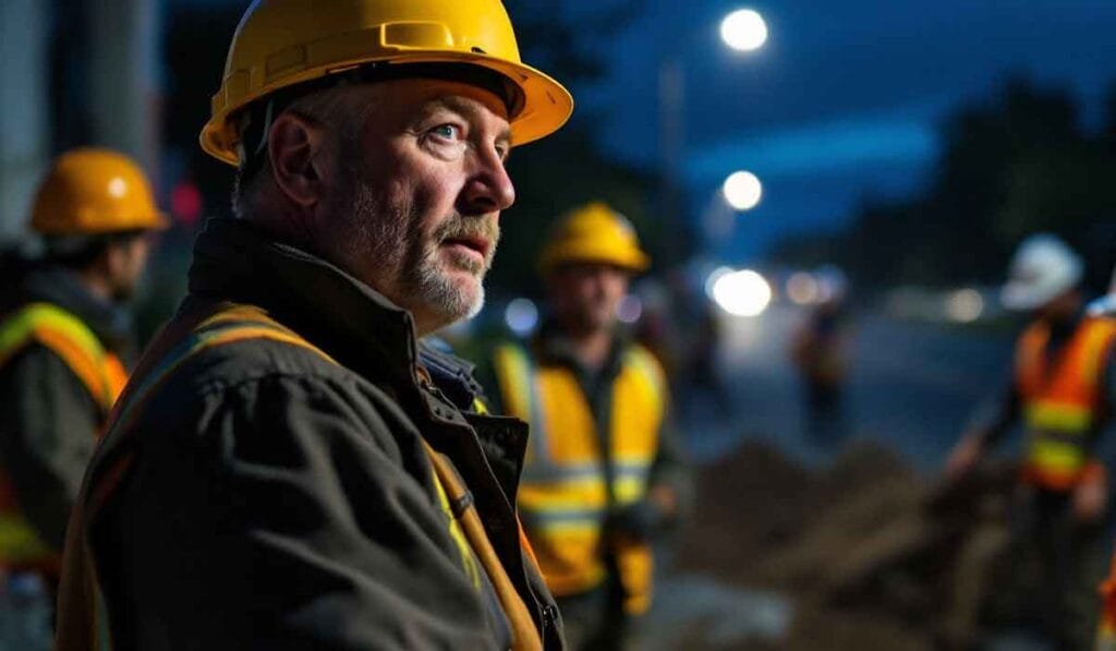 A construction worker wearing a yellow hard hat and reflective vest stands in focus, with coworkers and roadwork equipment blurred in the background at dusk.