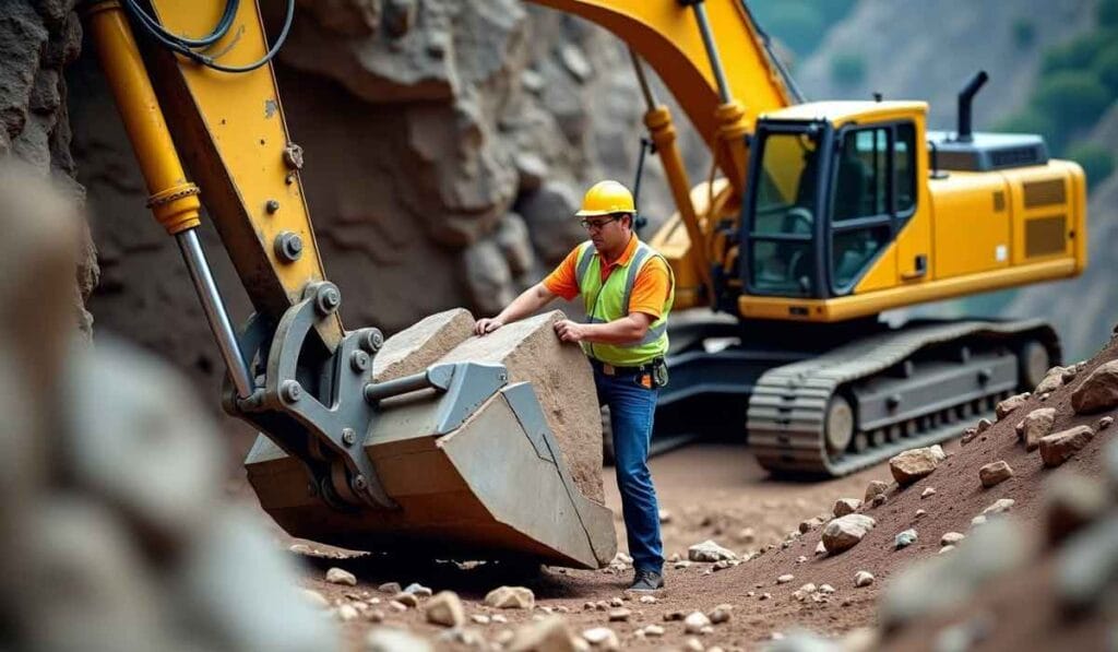 A worker in a helmet and safety vest stands next to an excavator holding a large rock in a rocky area.