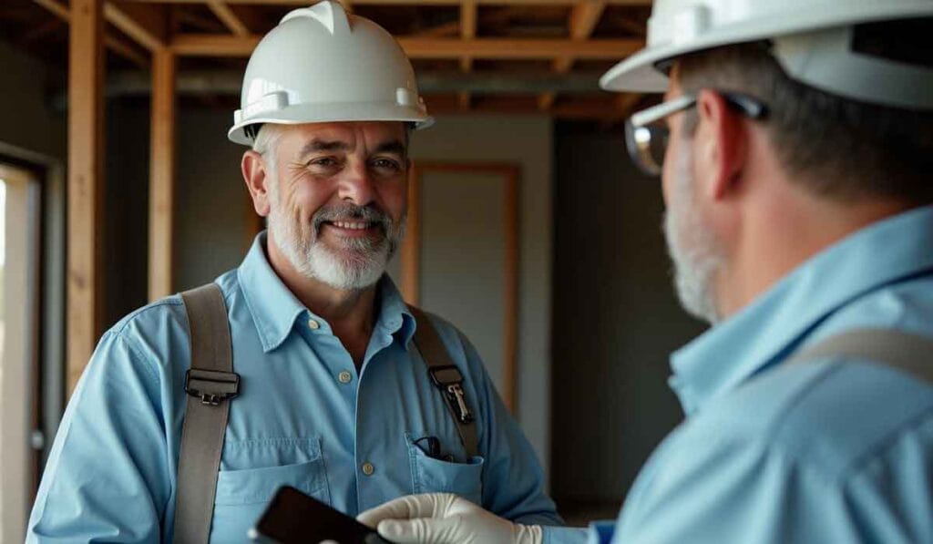 Two construction workers wearing hard hats and blue shirts are talking at a worksite. One is holding a smartphone, and they are in an unfinished building.