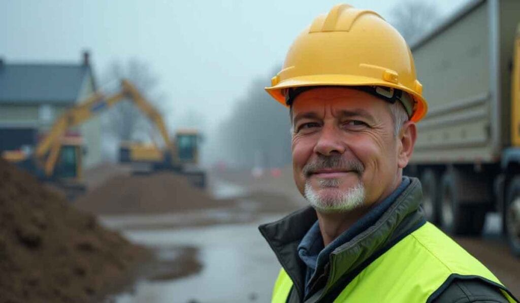 A construction worker in a yellow hard hat and safety vest stands on a muddy site with vehicles and equipment in the background.