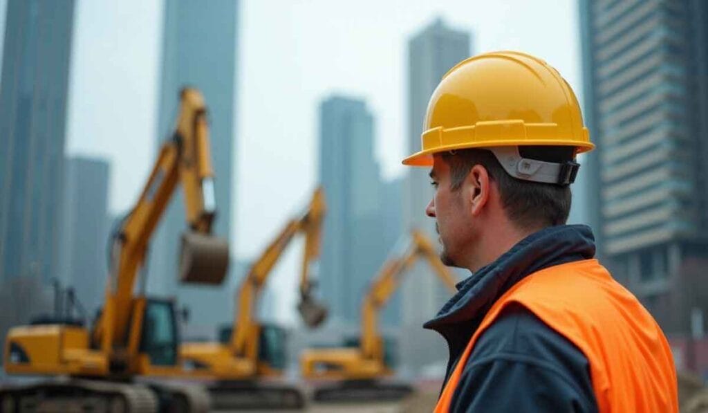 Construction worker wearing a yellow hard hat and orange vest observes equipment at a city construction site, with several excavators and tall buildings in the background.