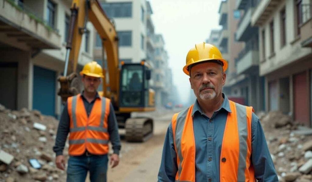 Two construction workers in orange vests and yellow helmets stand on a street with debris and an excavator in the background.