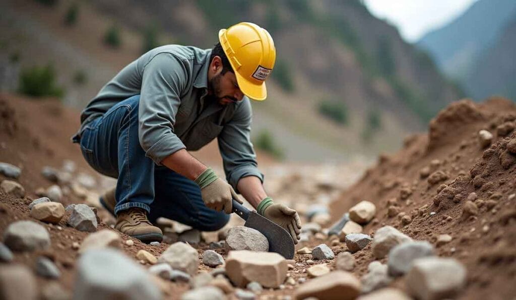 Person in a yellow hard hat and gloves examines rocks in a dirt trench outdoors.