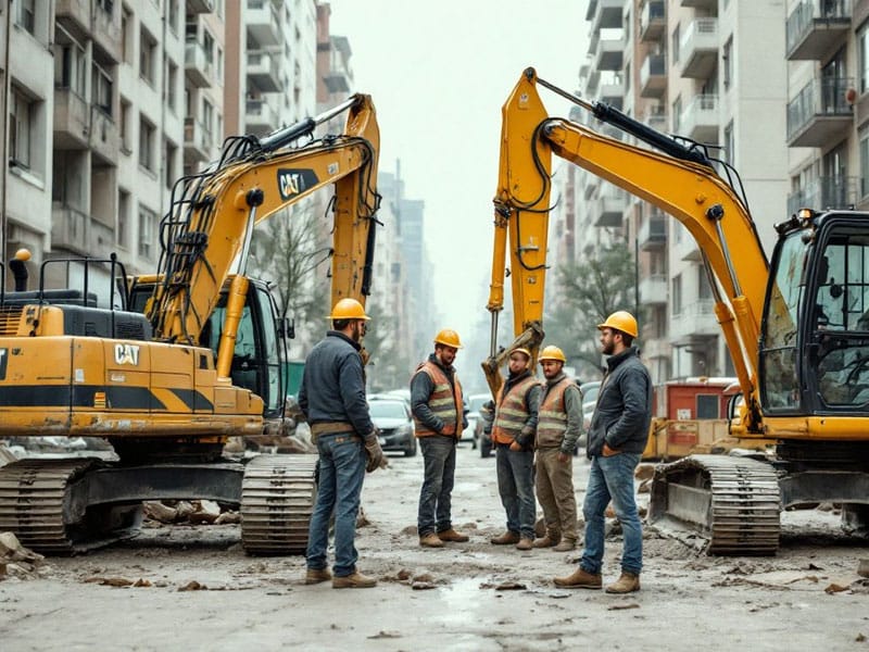 Construction workers in hard hats and vests stand between two excavators on a city street lined with buildings.