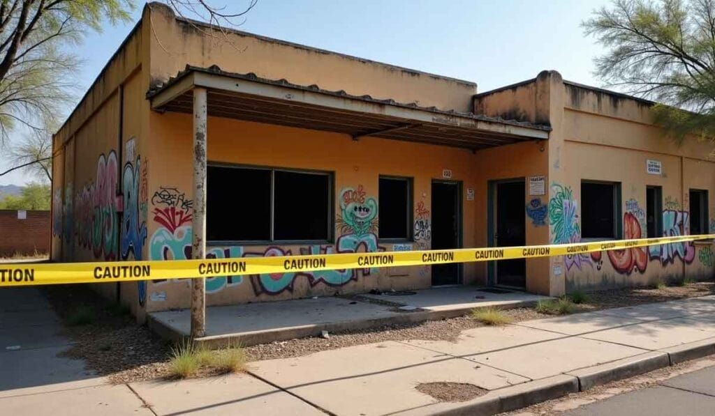 Abandoned yellow building with graffiti, surrounded by yellow caution tape. Trees and a sidewalk are visible in the foreground.
