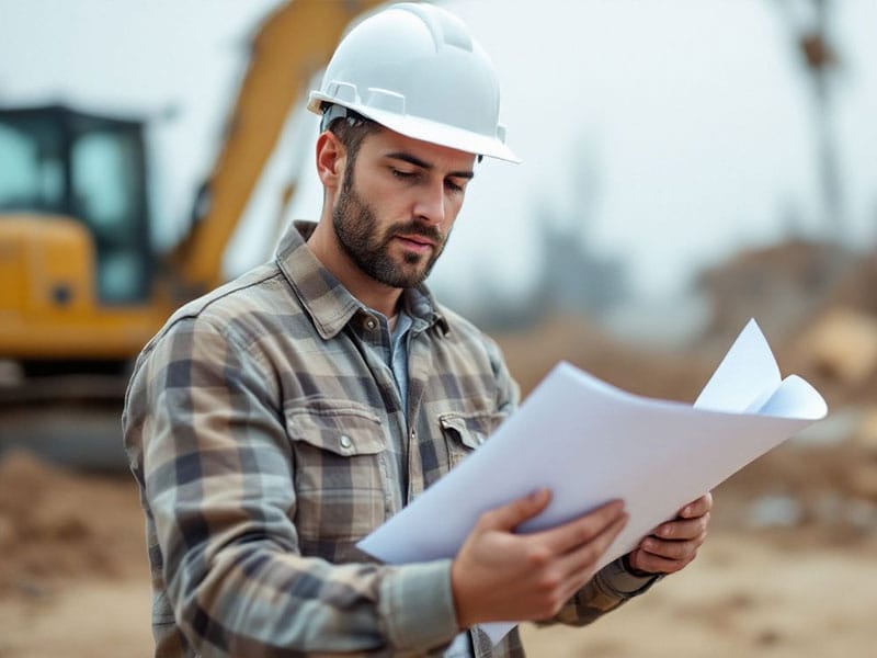 Man in a hard hat examines documents at a construction site with machinery in the background.