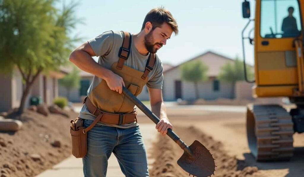 Man wearing a tool belt, digging with a shovel at a construction site under clear skies, with a yellow excavator and houses in the background.