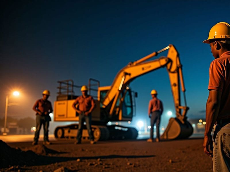 Construction workers in hard hats stand near an excavator at a work site under streetlights at dusk.
