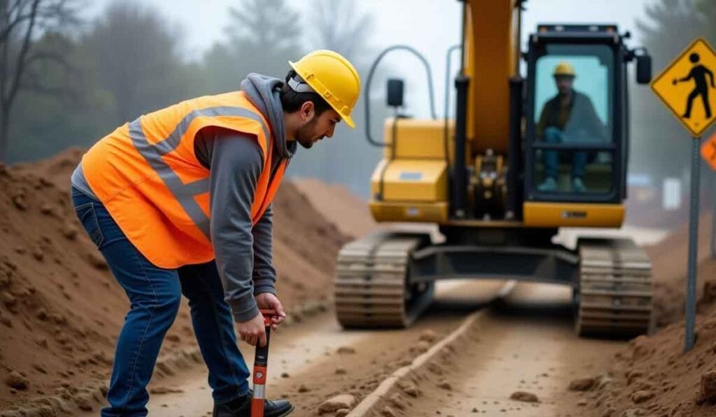 Construction worker in an orange vest and helmet uses a tool beside a trench, with an excavator operating in the background. Safety sign visible on the right.
