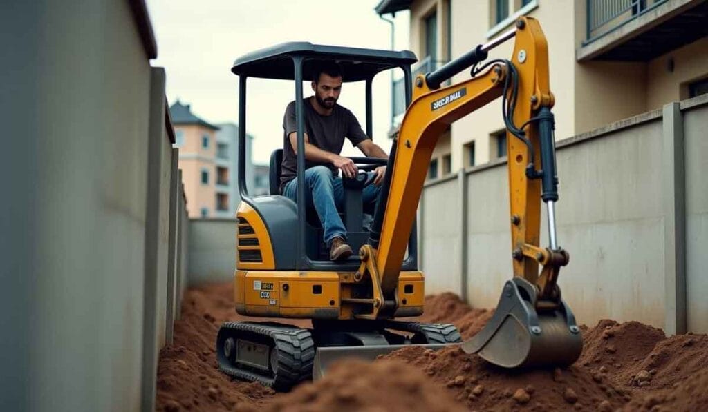 Man operating a small yellow excavator in a narrow trench between buildings.