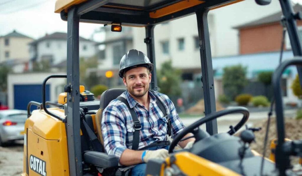 A man in a plaid shirt and hard hat operates a construction vehicle on a work site.