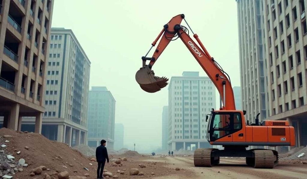 A construction excavator on a dirt road between tall buildings, with a person standing nearby.