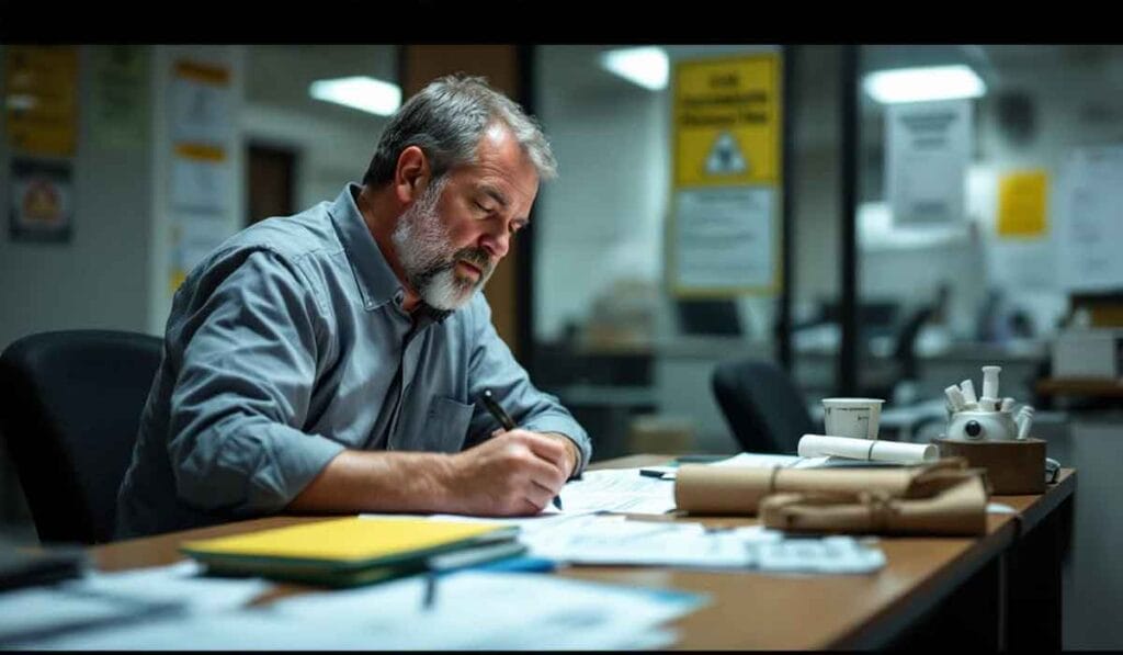 Man with gray hair writing on papers at a desk in an office setting.