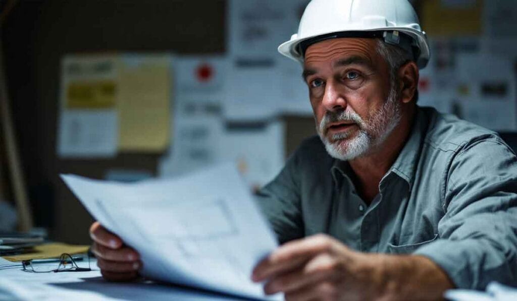 Man in a hard hat reviews blueprints at a desk, surrounded by papers and notes on a bulletin board.