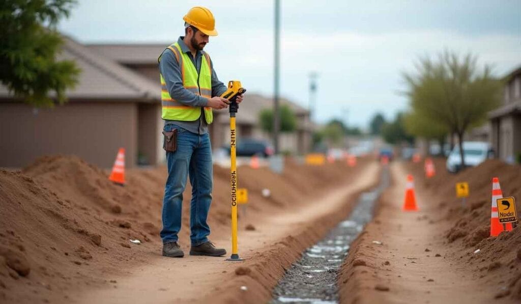 A construction worker wearing a hard hat and safety vest uses a measuring tool on a dirt road lined with traffic cones in a residential area.