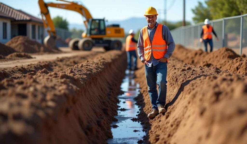 Construction worker in orange vest and hard hat walking along a trench at a work site, with an excavator in the background.