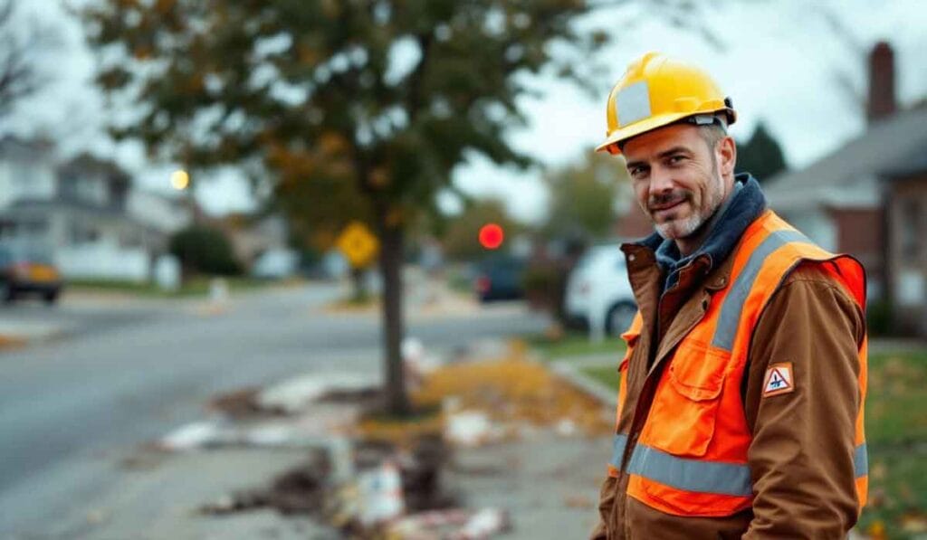 A man in a hard hat and safety vest stands on a suburban street near construction work. Trees and houses line the street.