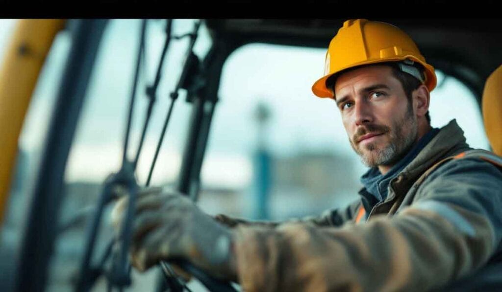 Man wearing a yellow hard hat and gloves operates construction machinery, looking out a window.