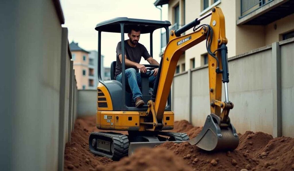 A man operates a small excavator in a narrow path, moving soil. Residential buildings are visible in the background.