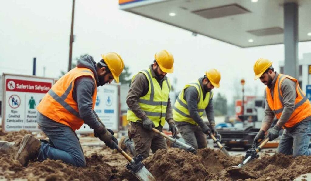 Four construction workers in yellow helmets and vests use tools to dig in front of a gas station. Safety signs are visible in the background.