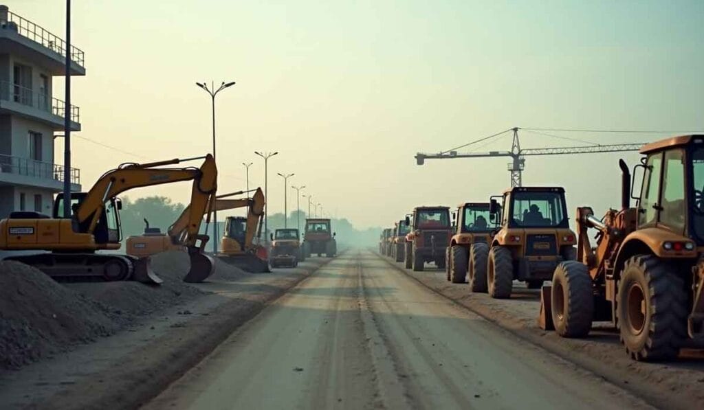 A dirt road lined with construction machinery, including excavators and tractors, under a clear sky.