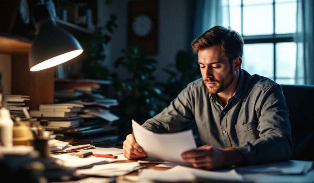 A man with a beard reads documents at a desk in a dimly lit room, surrounded by stacked books and papers.