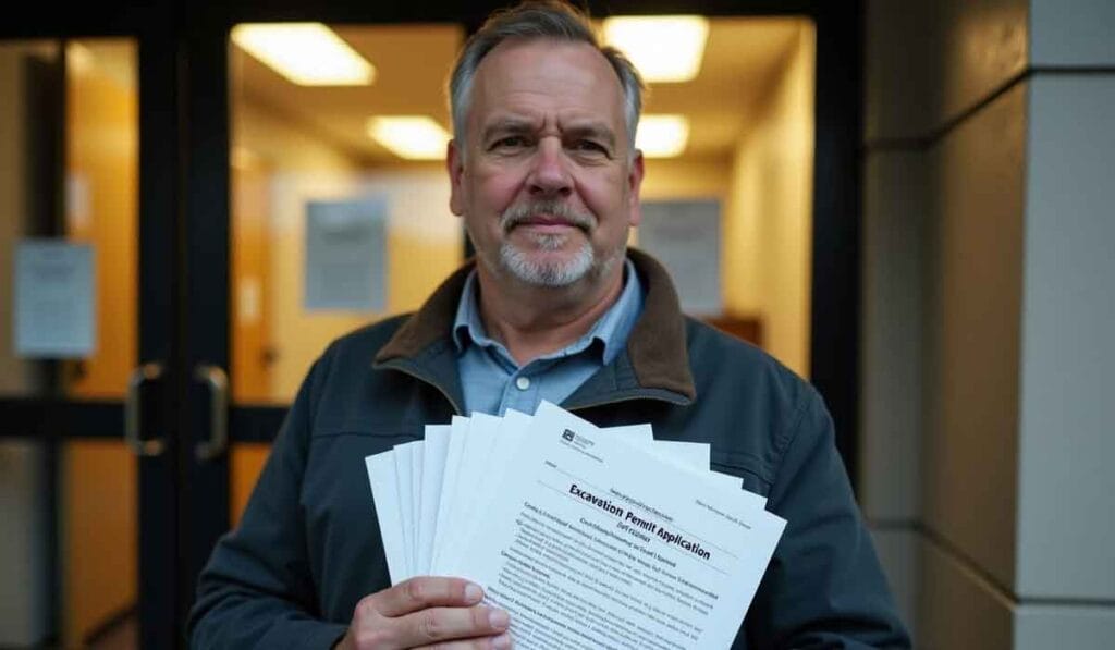 Man holding multiple forms labeled "Eviction Form Application" in front of a building entrance.
