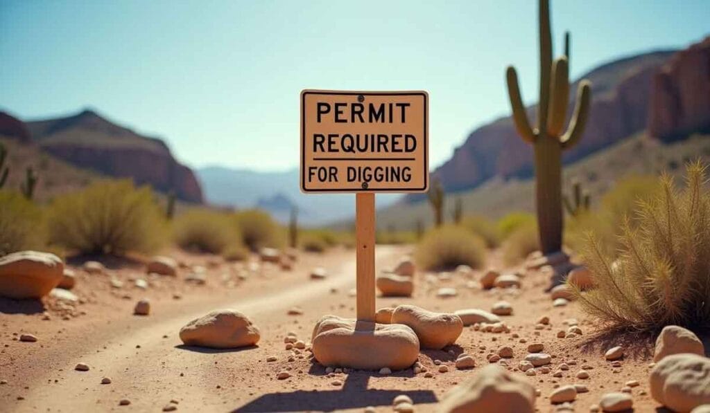Sign in a desert landscape reads "Permit Required for Digging," surrounded by cacti, rocks, and distant hills under a clear sky.
