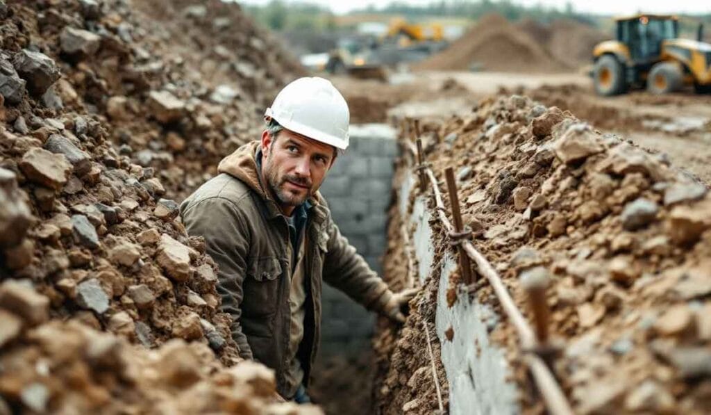 A construction worker in a white hard hat stands in a narrow trench at a construction site, surrounded by piles of dirt and machinery in the background.