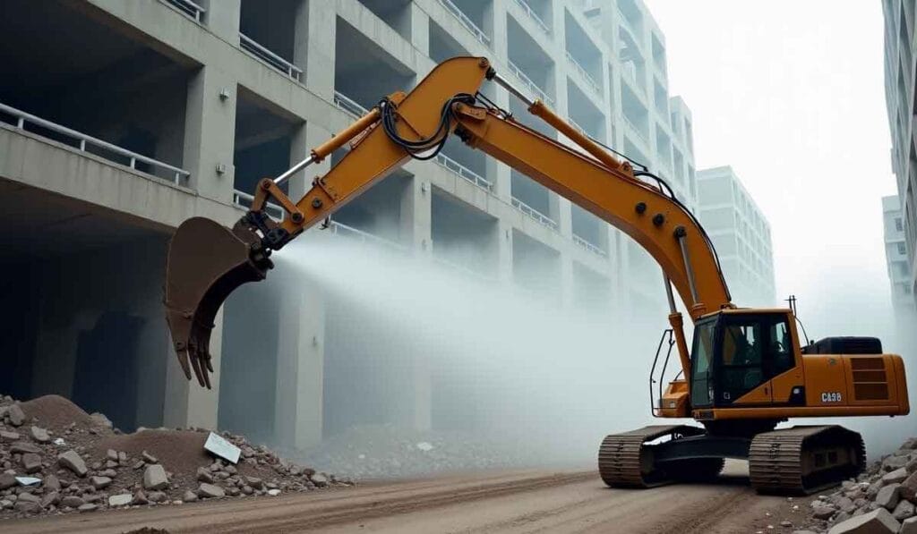 A yellow excavator works on a dirt road, flanked by partially constructed concrete buildings on a foggy day.