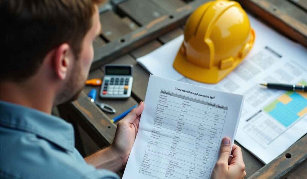 A man reviews a cost estimation sheet at a desk with a calculator, hard hat, and charts.