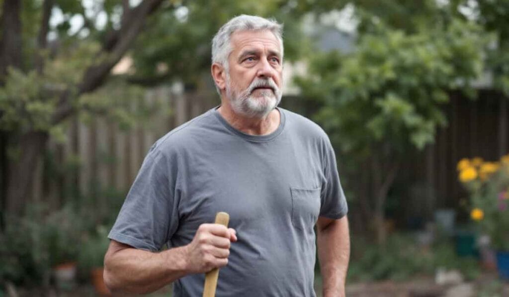 Older man with a gray beard holding a wooden stick, standing in a garden with trees and flowers in the background.
