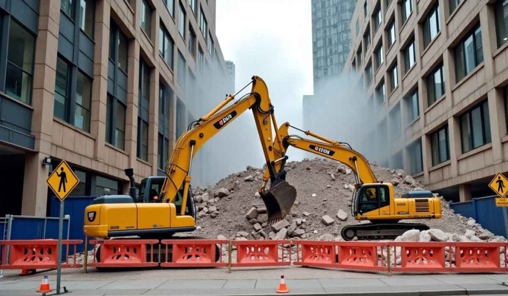 Two yellow excavators move rubble between tall buildings in a construction area, with dust in the air. Orange barriers and construction signs are visible in the foreground.