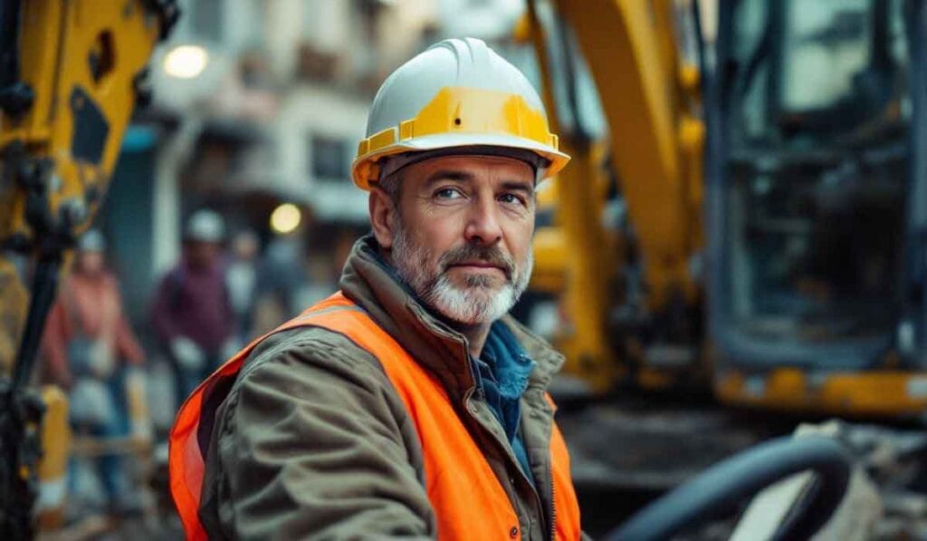 A man in a hard hat and orange safety vest stands at a construction site with machinery in the background.