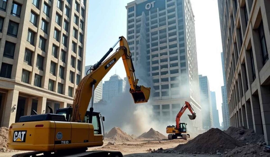 Construction site in a city with two excavators working amidst piles of dirt. Dust rises near tall buildings.