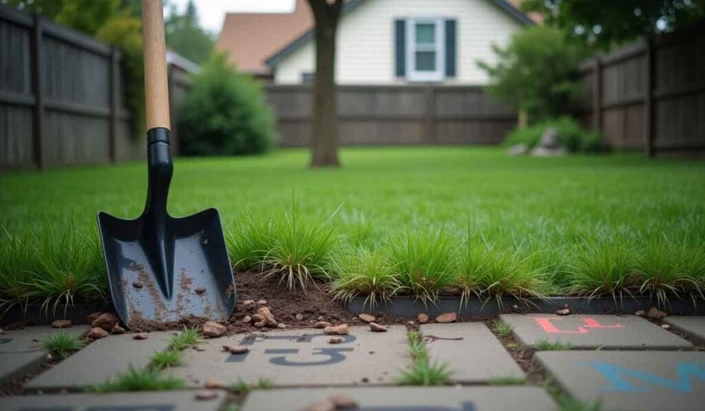 A shovel digs into the edge of a stone path in a backyard with a green lawn, wooden fence, and a tree. A house is visible in the background.