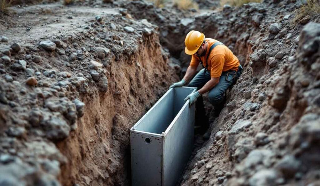Worker in a hard hat and gloves installs a metal box-like structure in a trench at a construction site.