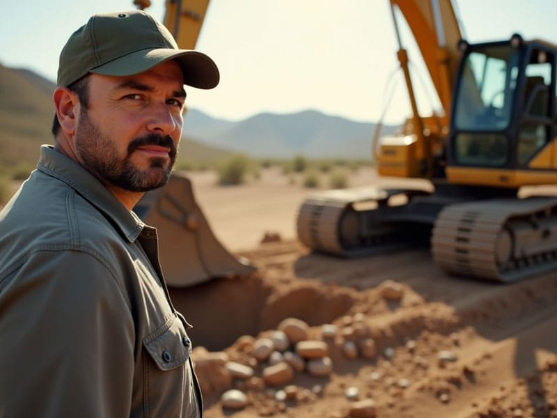 Man in a cap stands near a parked excavator in a desert landscape with scattered rocks.