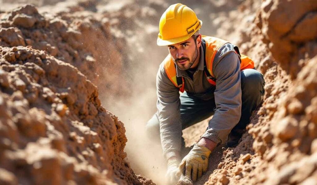 Construction worker wearing a hard hat and safety vest digging in a trench with a focused expression.