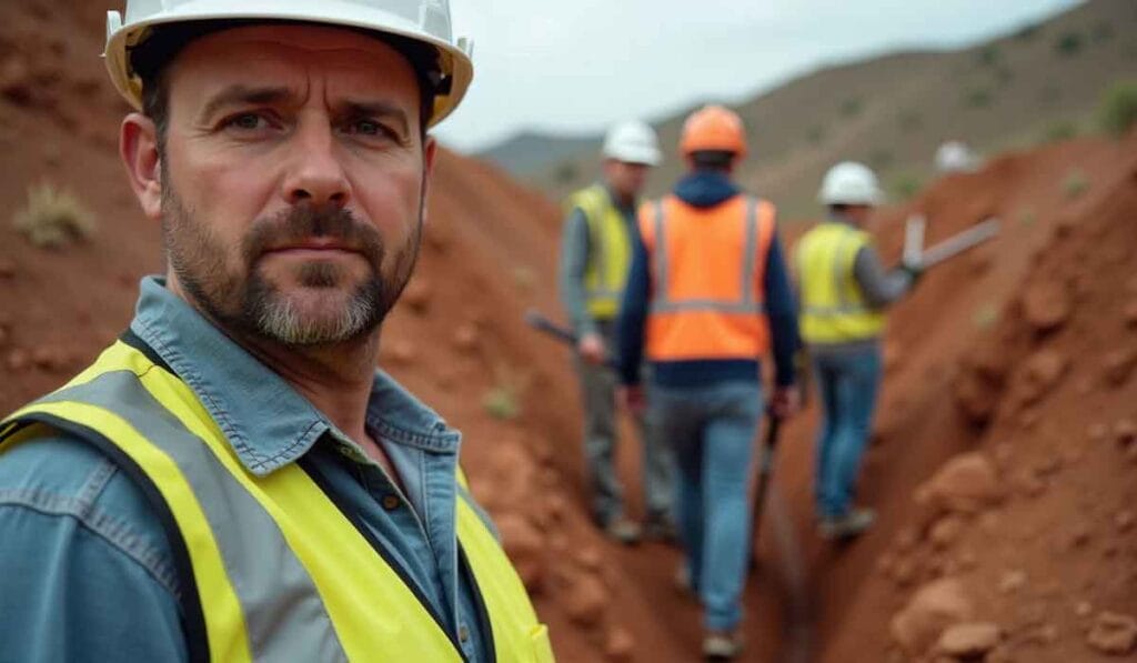 A construction worker with a beard and a yellow safety vest looks at the camera. In the background, three workers in vests and helmets stand in a trench at a construction site.