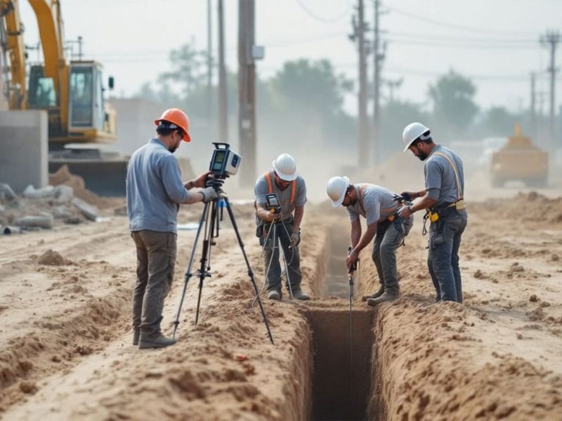Four construction workers wearing helmets and vests are measuring a trench on a dusty construction site with machinery in the background.