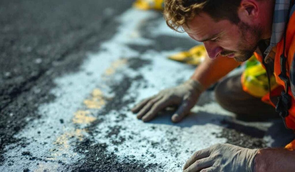 A construction worker inspects a freshly painted road line, wearing an orange vest and gloves, crouched over the road surface.