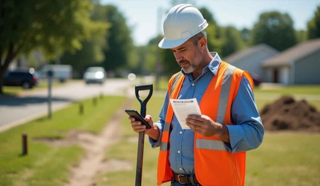 Construction worker in a hard hat and orange vest stands on a grassy area beside a road, holding a shovel. He is looking at a smartphone and a sheet of paper.