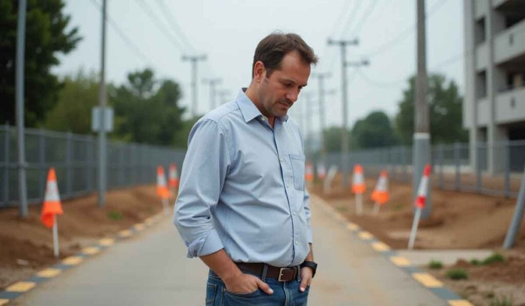 Man wearing a light blue shirt stands pensively on a construction site path, with traffic cones and fencing in the background.