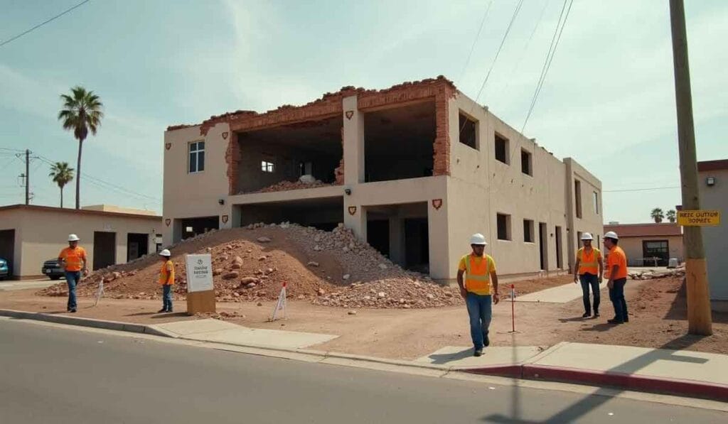 Two-story building undergoing demolition, with rubble piled in front. Workers in orange vests and helmets are on site. A caution sign is visible near the street.