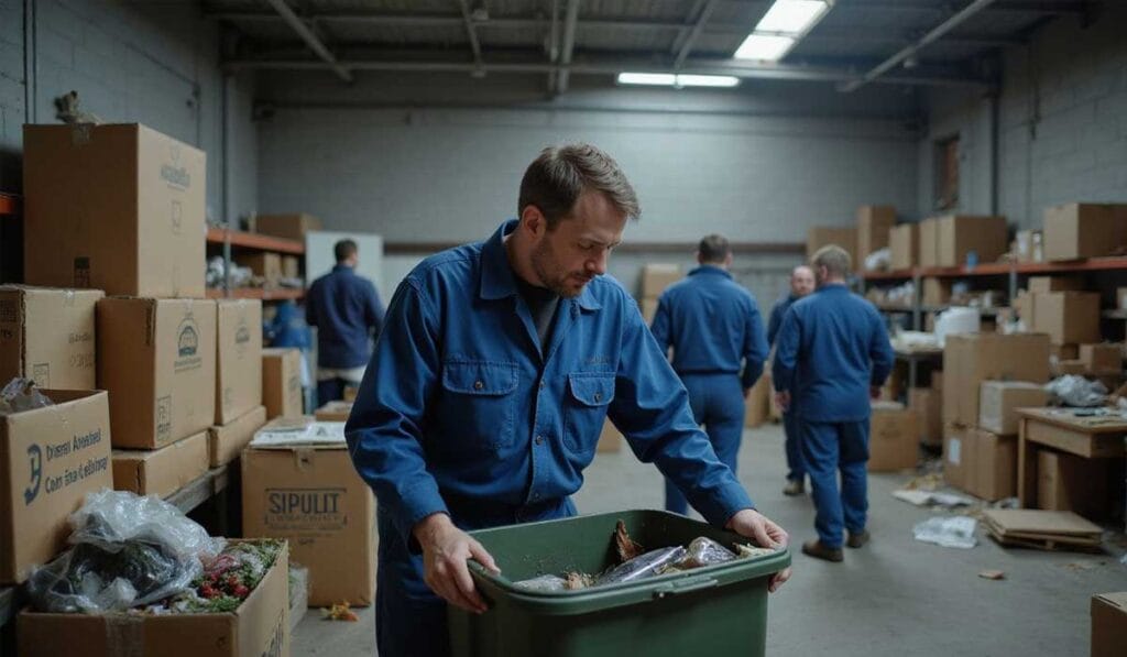 A man in blue coveralls pushes a bin of organic waste in a warehouse with boxes and other workers in the background.