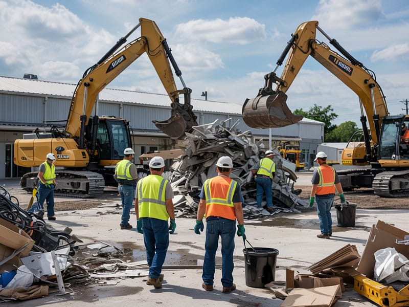 Construction workers in safety vests clean up debris near two excavators at a demolition site on a sunny day.